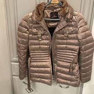 Perfect condition shiny gold/brown down with fur accent jacket.